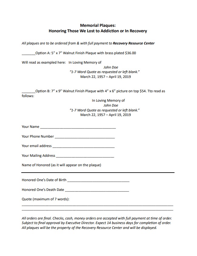 Thumbnail image of the memorial plaque order form.